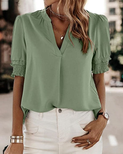 Women's Chiffon V-Neck Blouse with Smocked Short Sleeves