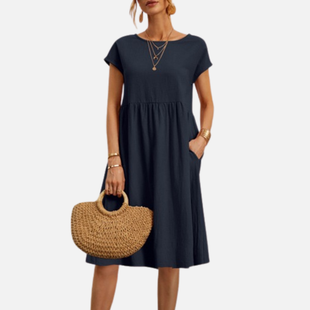 Women's Casual Linen Midi Dress | Short Sleeve Smock Dress