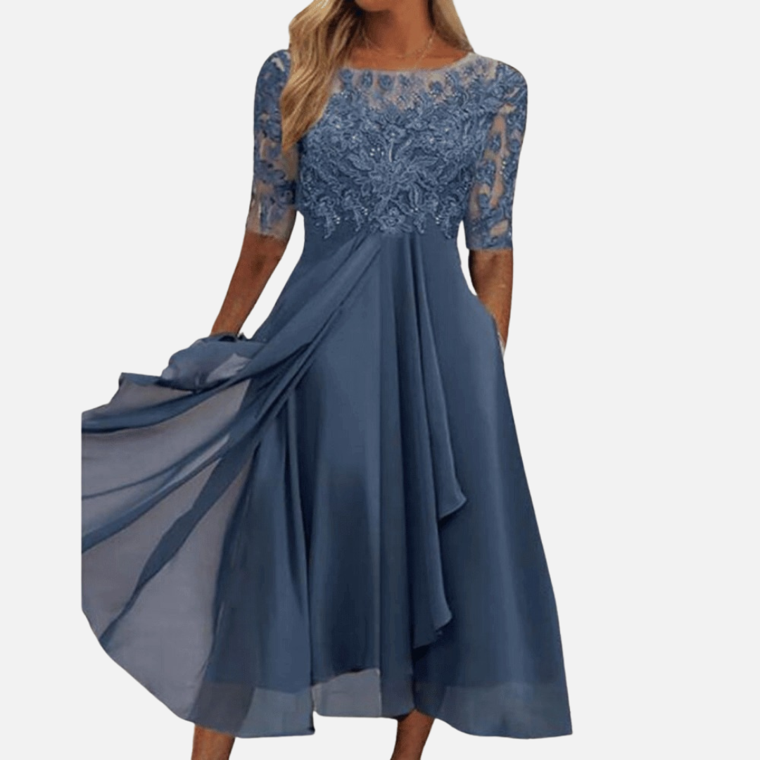 Women's Formal Lace Chiffon Midi Dress | Elegant Wedding Guest