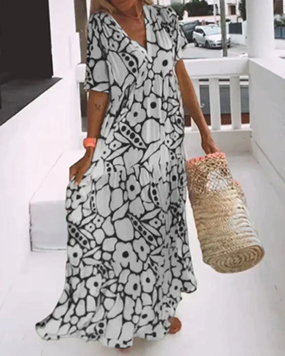 Women's Printed Maxi Dress with V-Neck and Short Sleeves