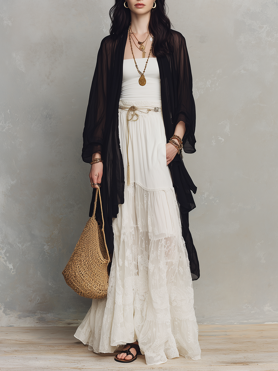 Women's Two-Piece Set – Tiered Lace, Maxi Length, Sheer Lightweight