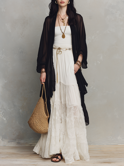 Women's Two-Piece Set – Tiered Lace, Maxi Length, Sheer Lightweight