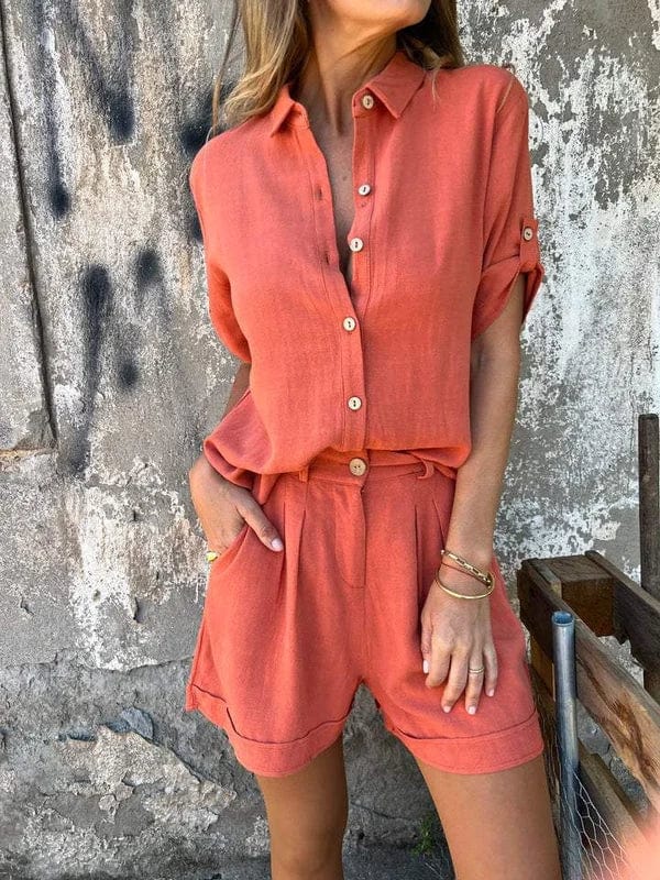 Women's Button-Down Shirt and Shorts Two-Piece Set