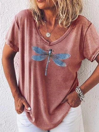 Women's V-Neck T-Shirt with Dragonfly Print