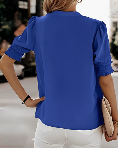 Women's Chiffon V-Neck Blouse with Smocked Short Sleeves