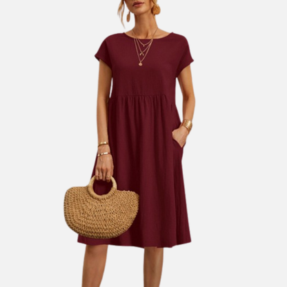 Women's Casual Linen Midi Dress | Short Sleeve Smock Dress