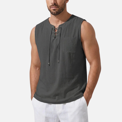 Men's Linen Sleeveless Tank Top | Lace-Up V-Neck Beach Vest