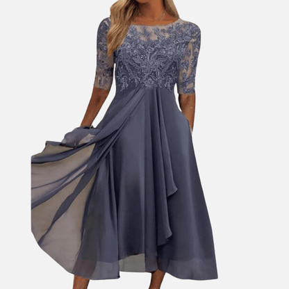 Women's Formal Lace Chiffon Midi Dress | Elegant Wedding Guest