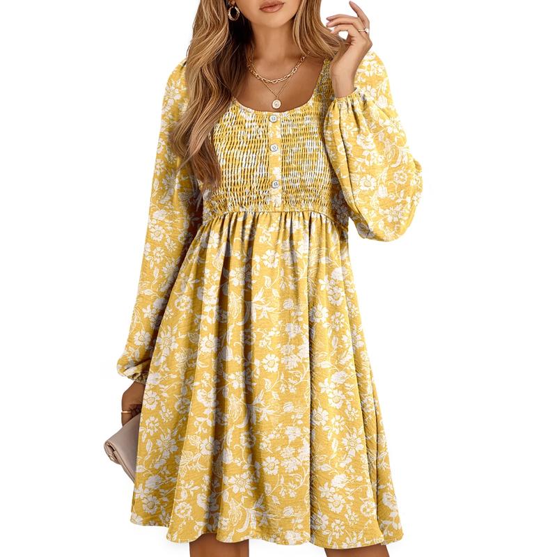 Women's Smocked Mini Dress with Square Neck and Long Sleeves
