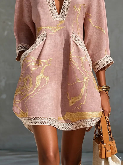 Women's Mini Dress – Crochet Lace V-Neck, Three-Quarter Sleeves, Woven