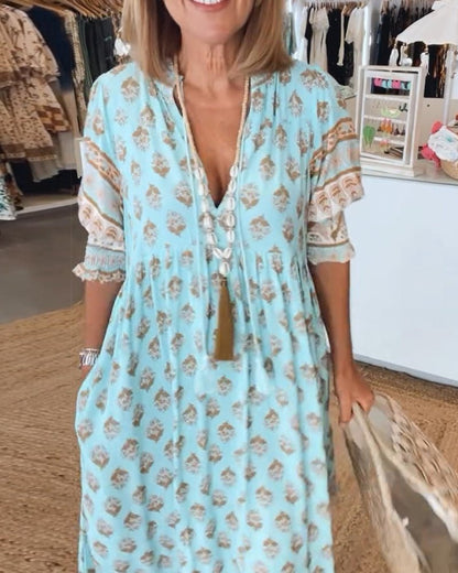 Women's Floral V-Neck Maxi Dress with Puff Sleeves