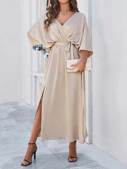 Women's V-Neck Midi Dress with Tie Waist and Side Slits