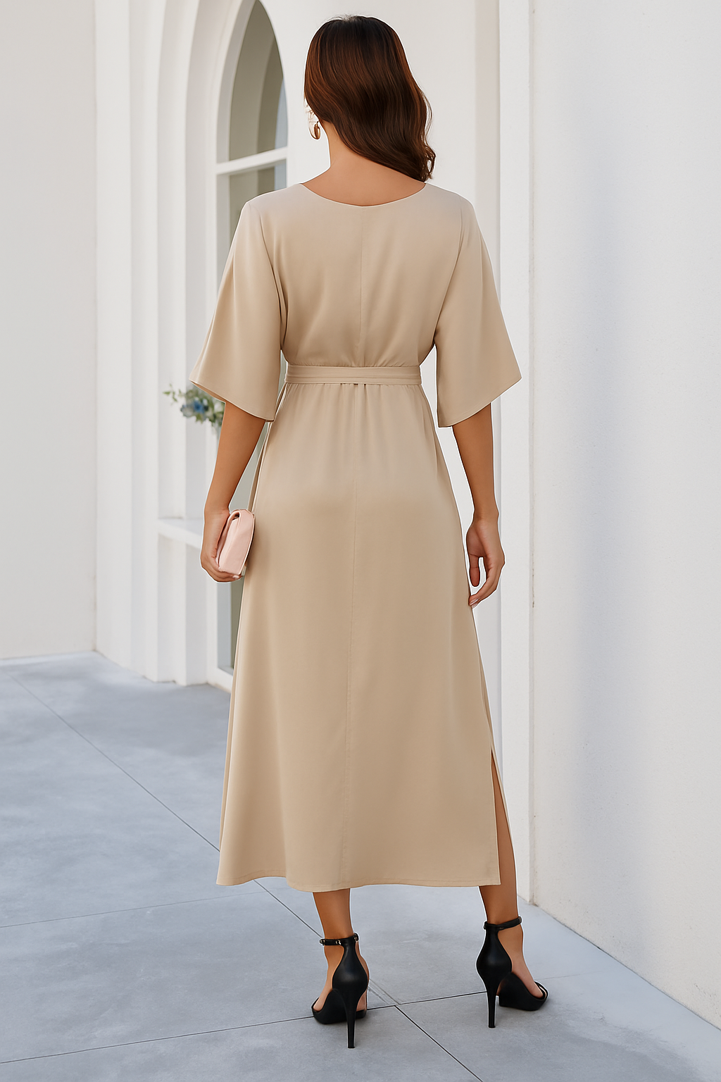 Women's V-Neck Midi Dress with Tie Waist and Side Slits