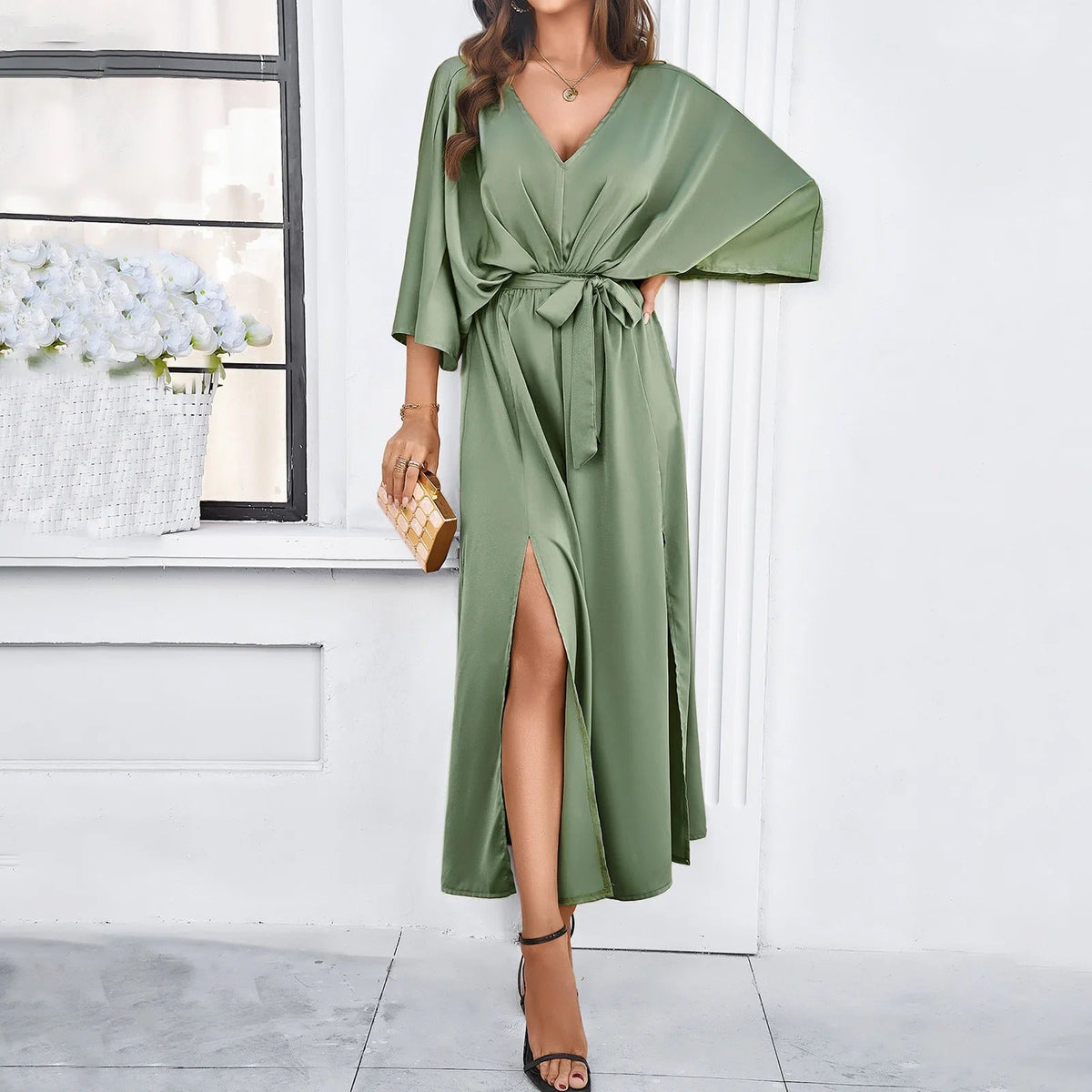 Women's V-Neck Midi Dress with Tie Waist and Side Slits