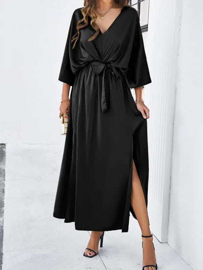 Women's V-Neck Midi Dress with Tie Waist and Side Slits