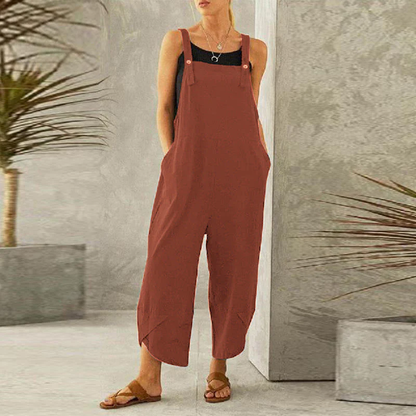 Women's Wide Leg Linen Jumpsuit with Button Straps