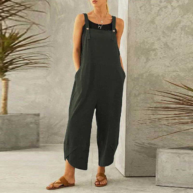 Women's Wide Leg Linen Jumpsuit with Button Straps