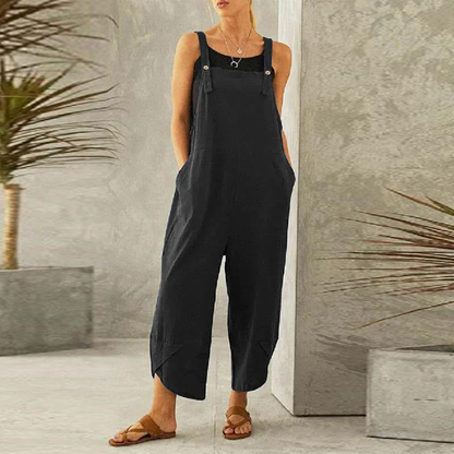 Women's Wide Leg Linen Jumpsuit with Button Straps