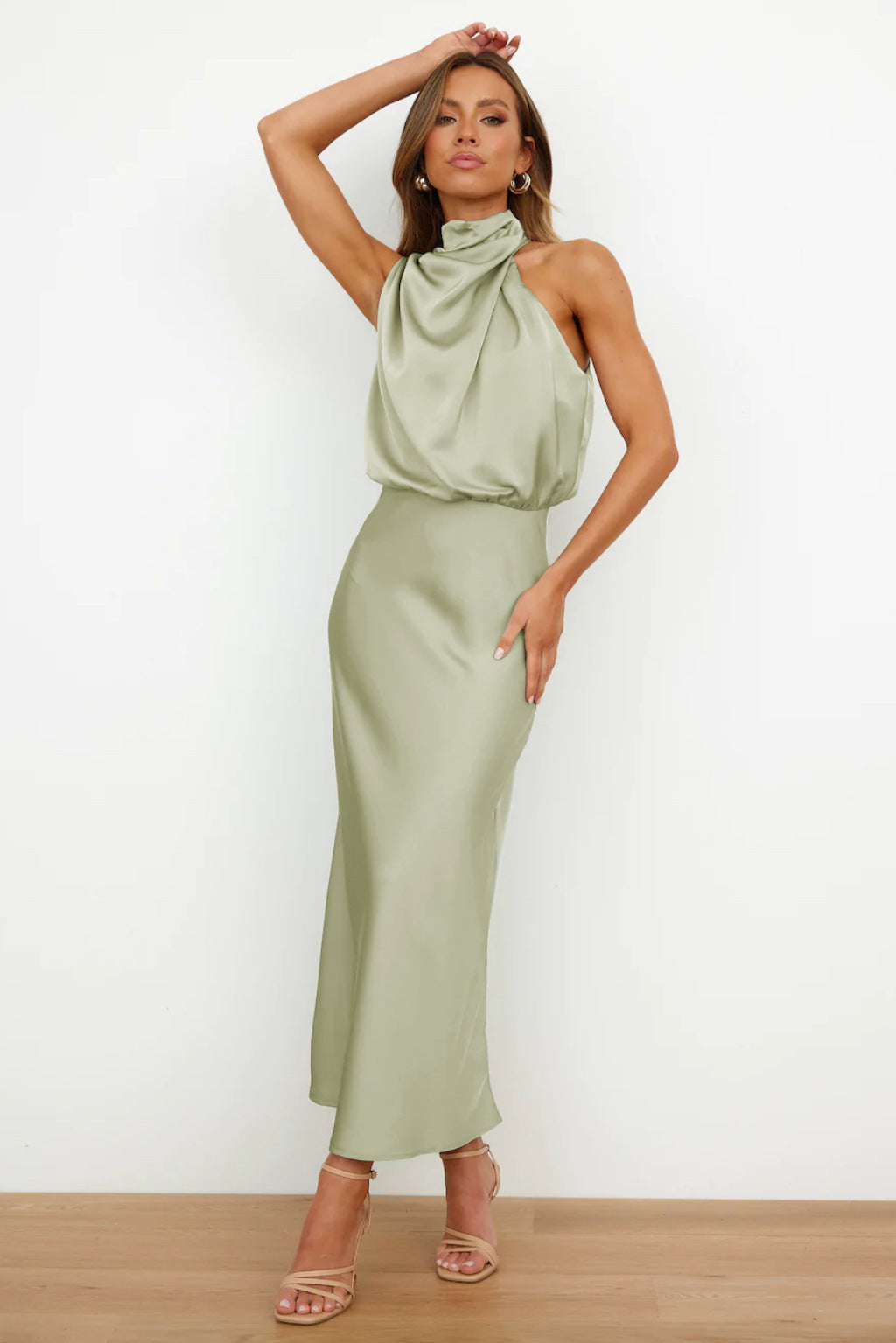 Women's Draped High Neck Satin Midi Dress