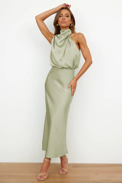 Women's Draped High Neck Satin Midi Dress