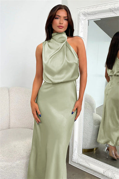 Women's Draped High Neck Satin Midi Dress