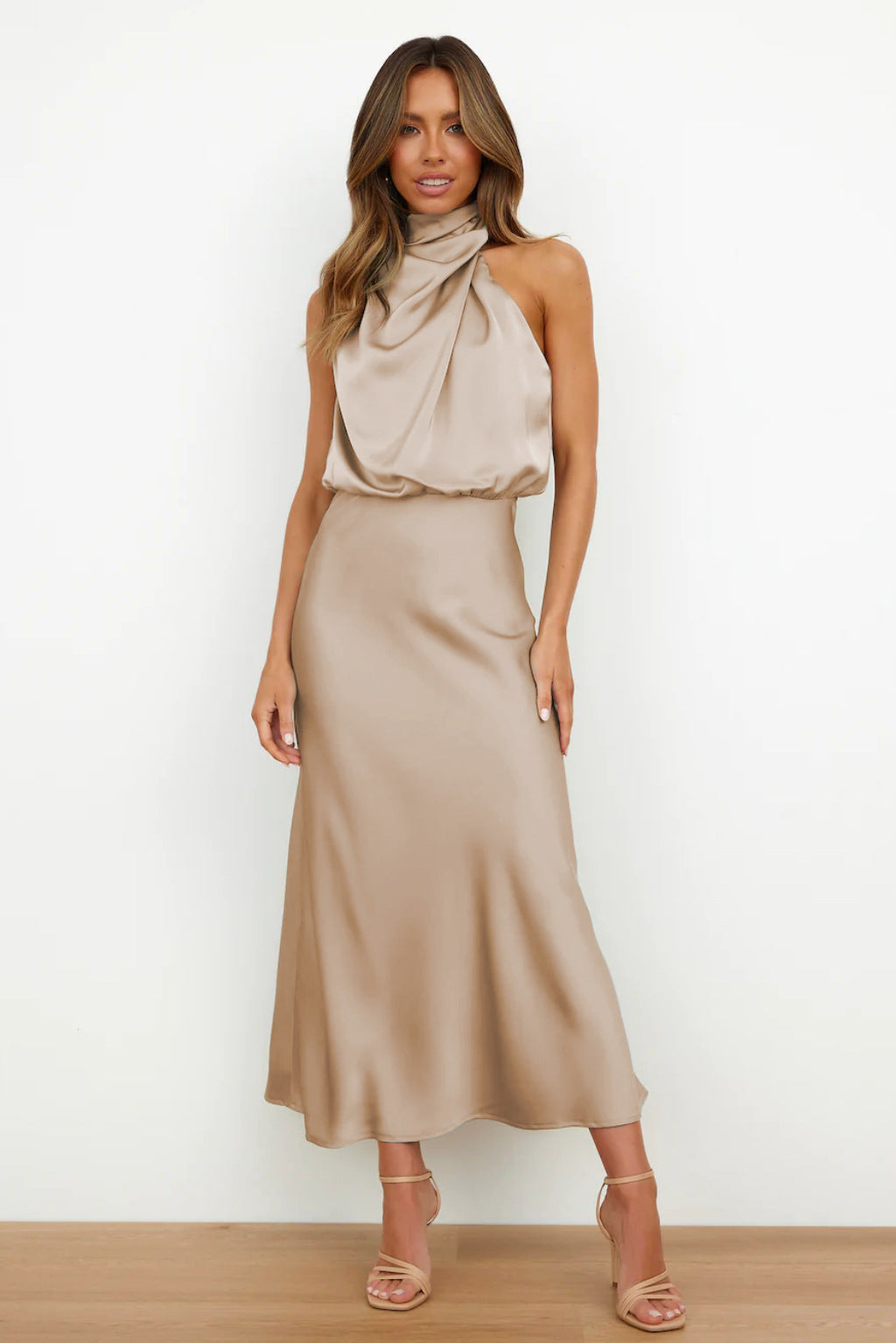 Women's Draped High Neck Satin Midi Dress