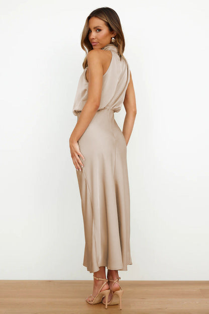 Women's Draped High Neck Satin Midi Dress