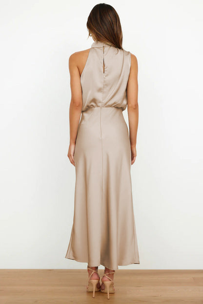 Women's Draped High Neck Satin Midi Dress
