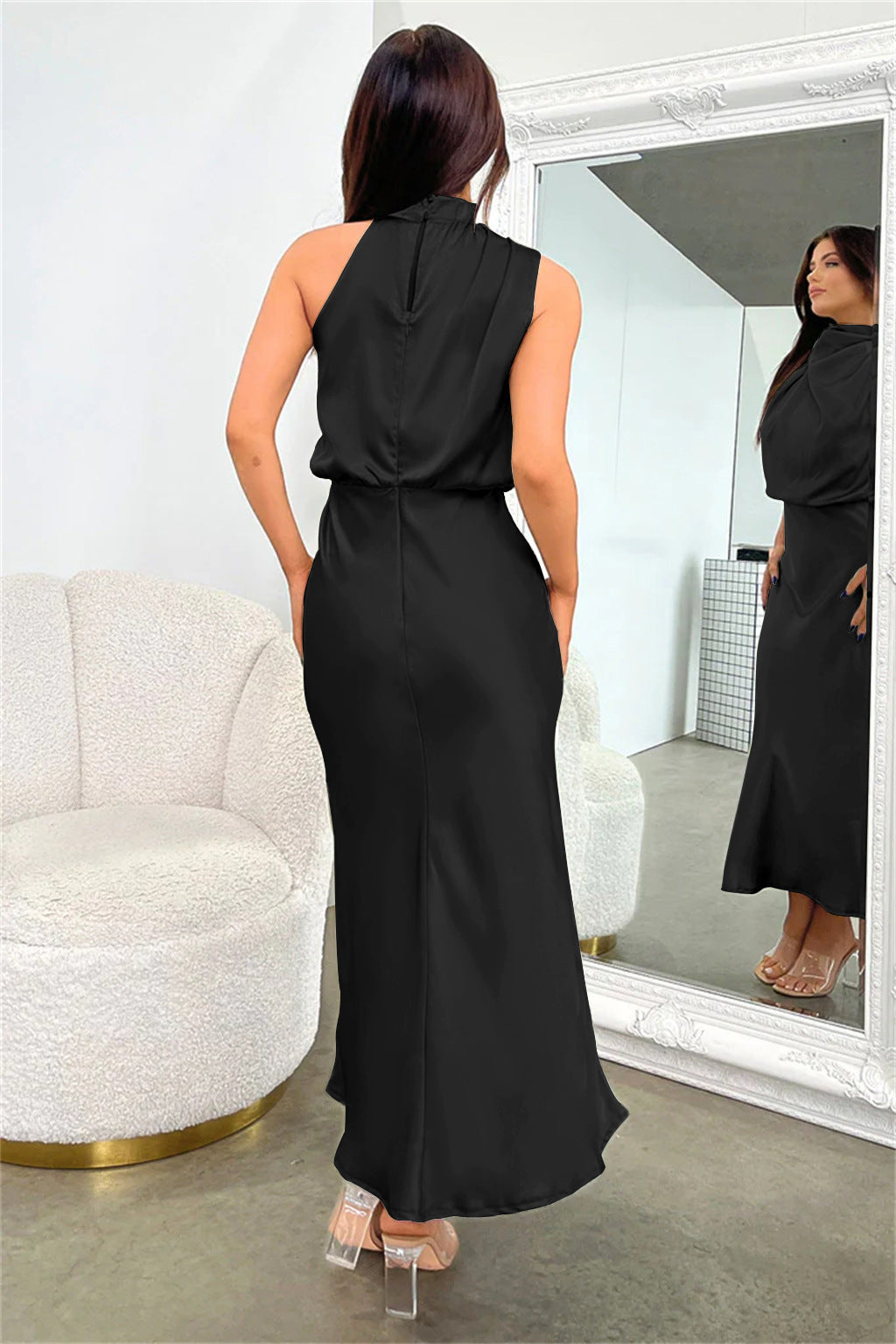Women's Draped High Neck Satin Midi Dress