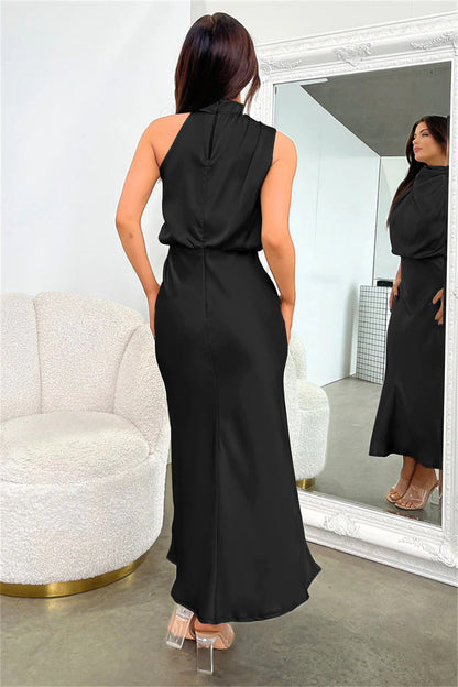 Women's Draped High Neck Satin Midi Dress
