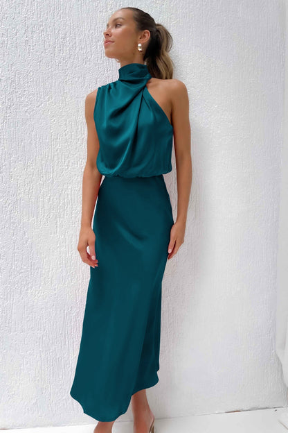 Women's Draped High Neck Satin Midi Dress