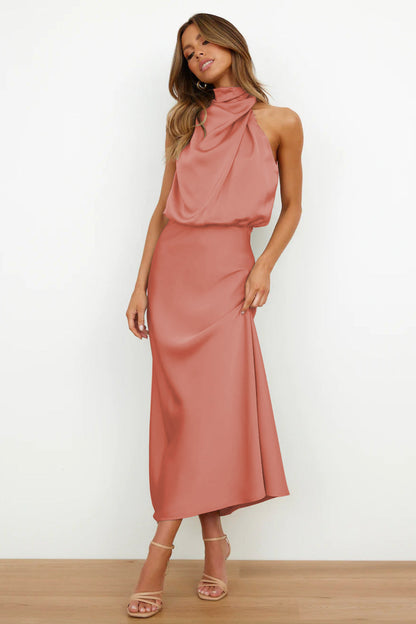 Women's Draped High Neck Satin Midi Dress