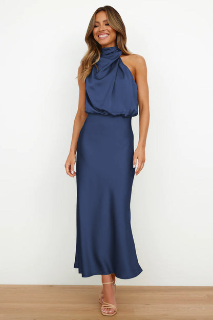 Women's Draped High Neck Satin Midi Dress