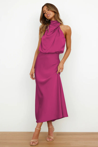 Women's Draped High Neck Satin Midi Dress