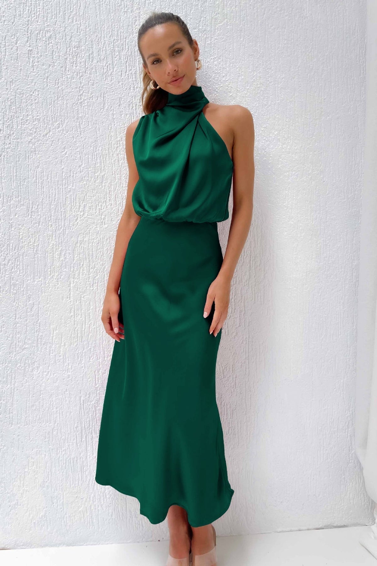 Women's Draped High Neck Satin Midi Dress