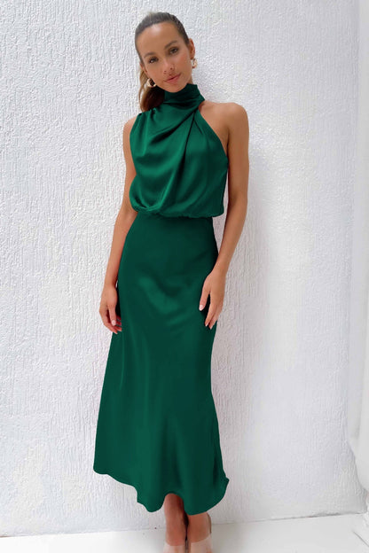 Women's Draped High Neck Satin Midi Dress