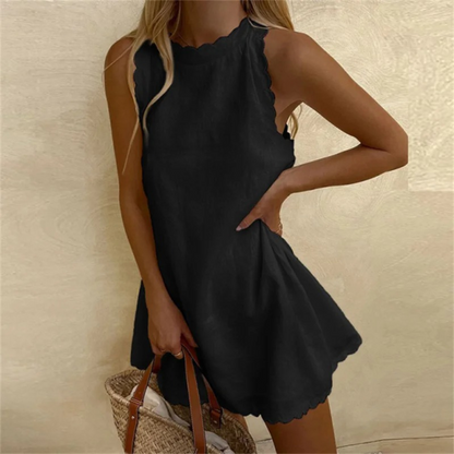 Women's Sleeveless Linen Mini Dress with Scalloped Trim