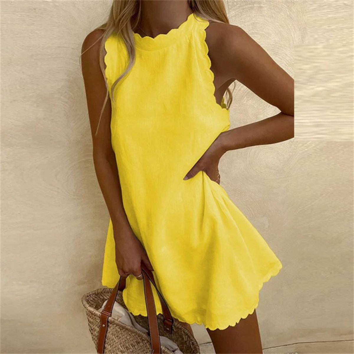 Women's Sleeveless Linen Mini Dress with Scalloped Trim