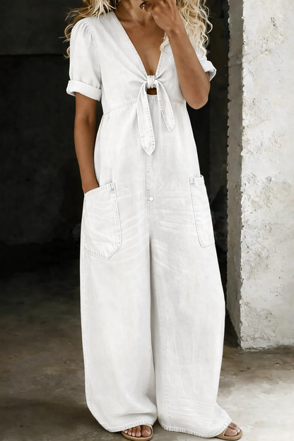 Women's Denim Jumpsuit with V Neck and Front Tie