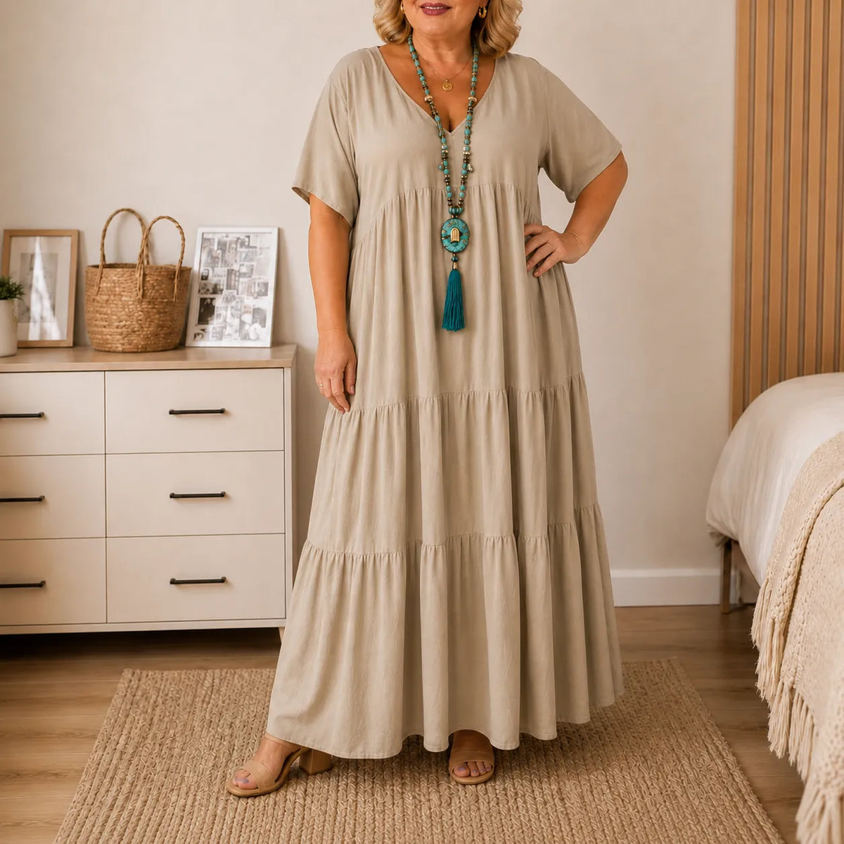 Women's Tiered Maxi Dress – V-Neck, Short Sleeves, Linen Blend