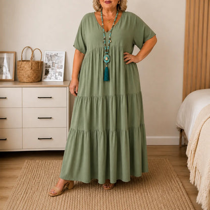 Women's Tiered Maxi Dress – V-Neck, Short Sleeves, Linen Blend