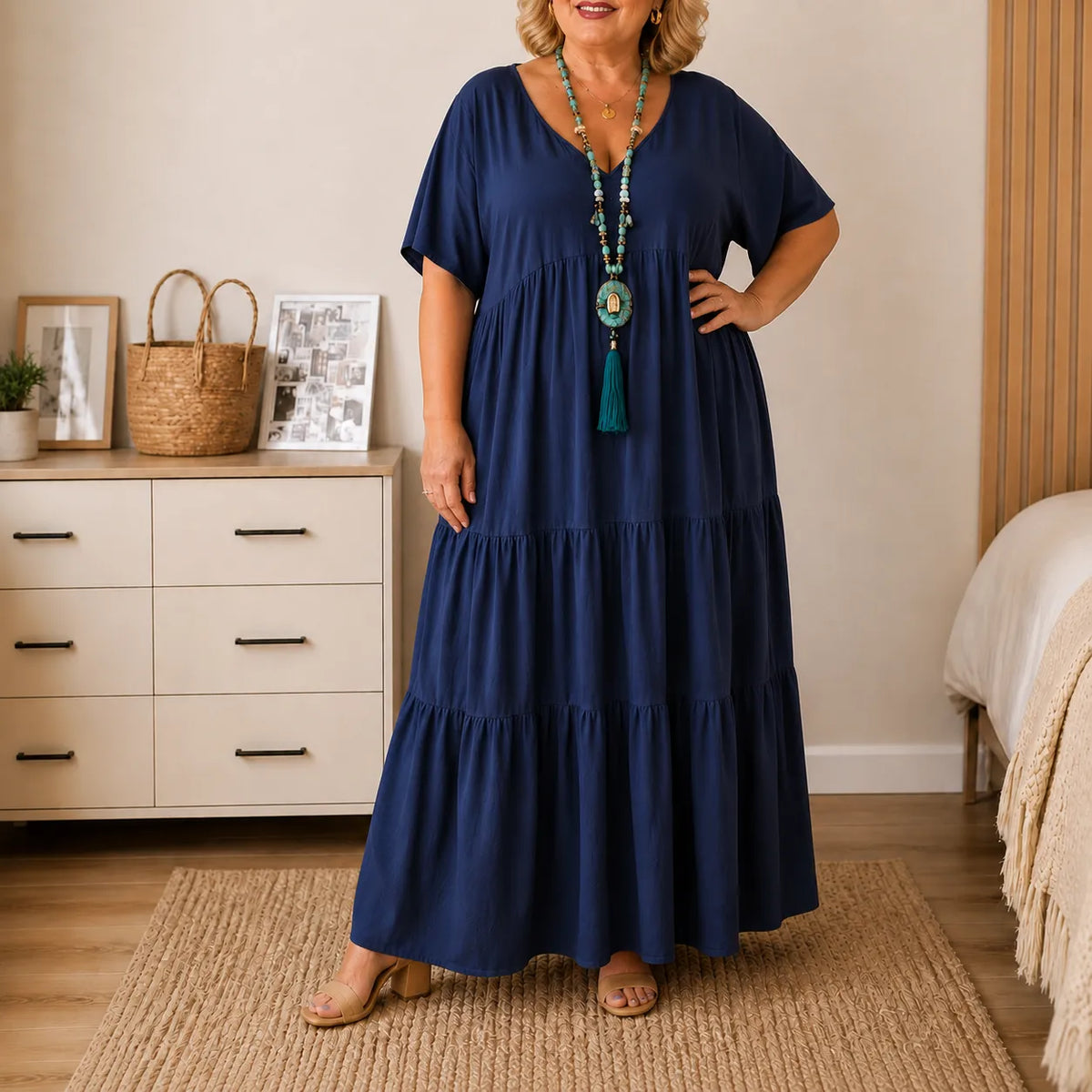 Women's Tiered Maxi Dress – V-Neck, Short Sleeves, Linen Blend
