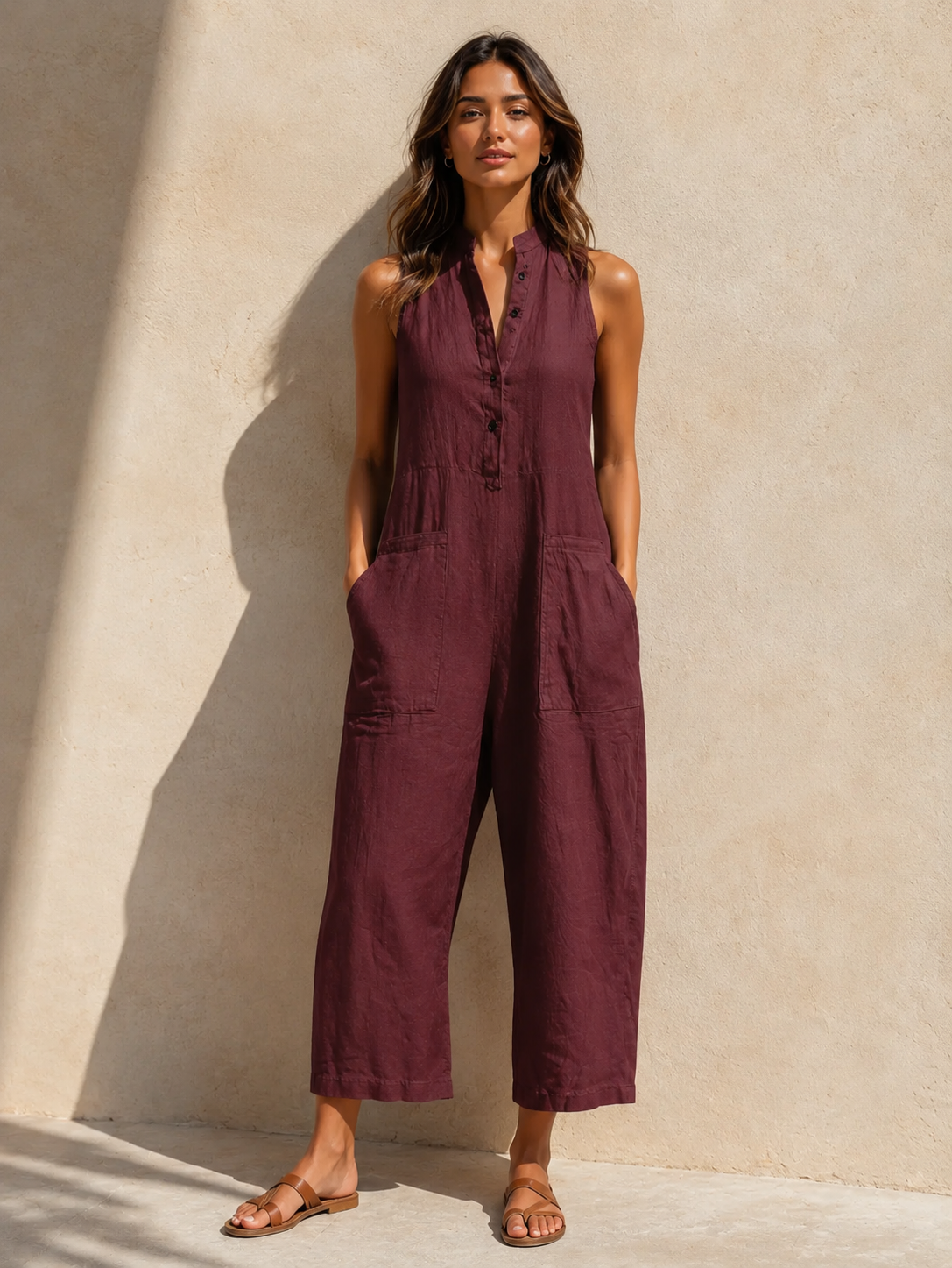 Women's Sleeveless Wide-Leg Jumpsuit with Pockets