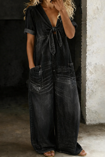 Women's Denim Jumpsuit with V Neck and Front Tie