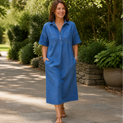 Women's Denim Midi Dress – Collared, Short Sleeves, Pockets
