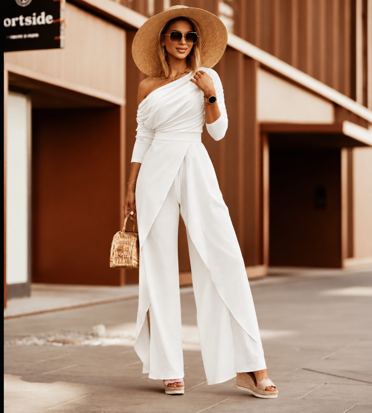 Women's Short Sleeve V-Neck Wide Leg Jumpsuit