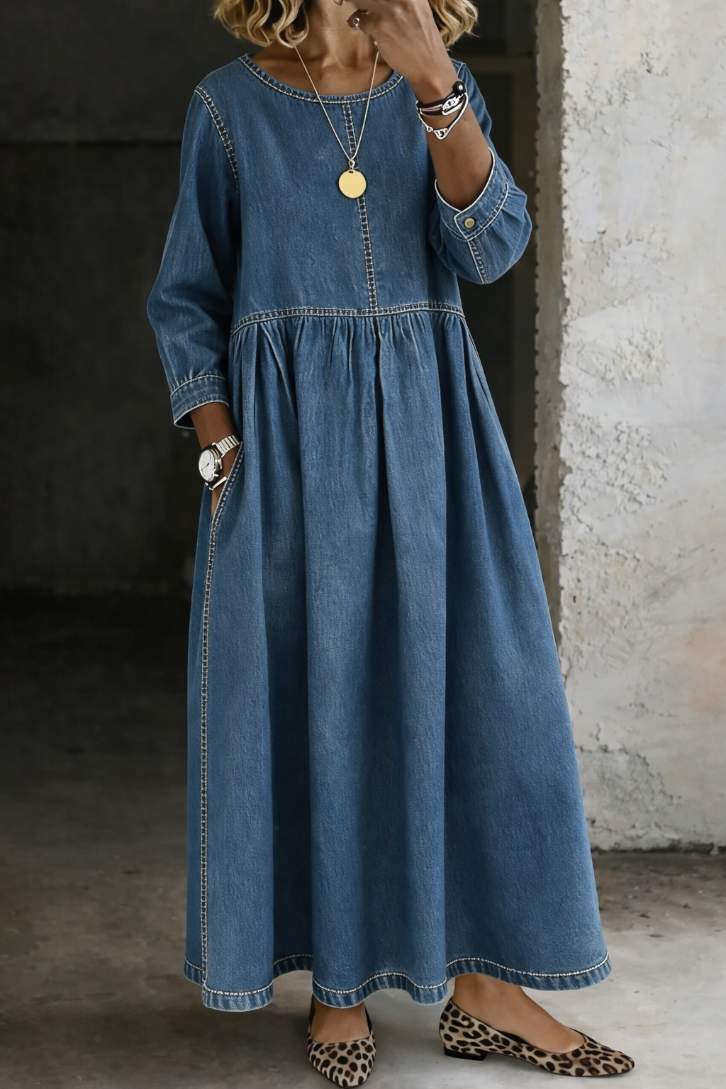 Women's Round Neck Denim Maxi Dress with Pockets