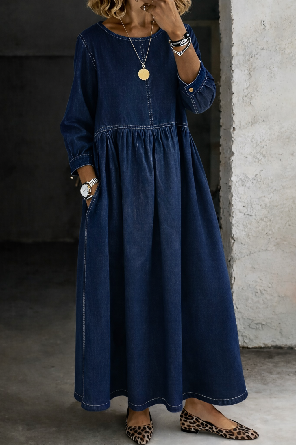 Women's Round Neck Denim Maxi Dress with Pockets