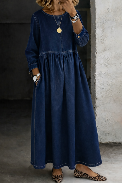 Women's Round Neck Denim Maxi Dress with Pockets