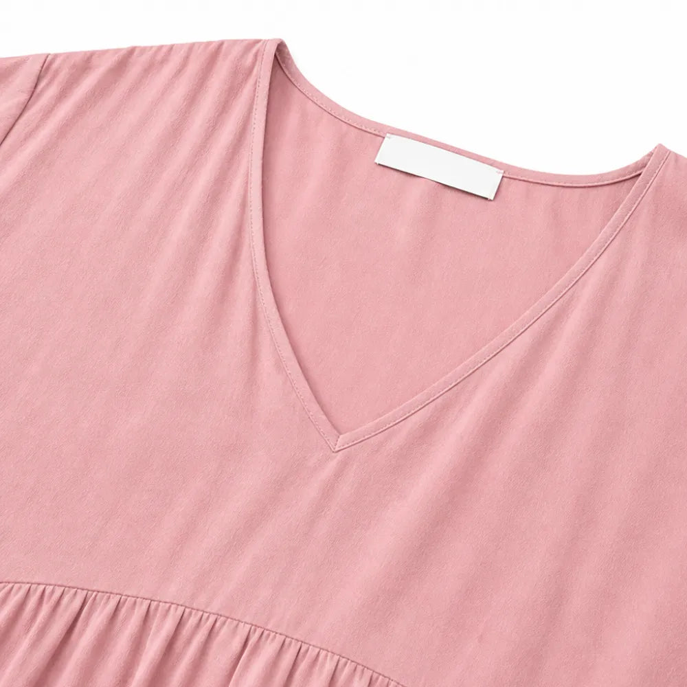 Women's Tiered Maxi Dress – V-Neck, Short Sleeves, Linen Blend